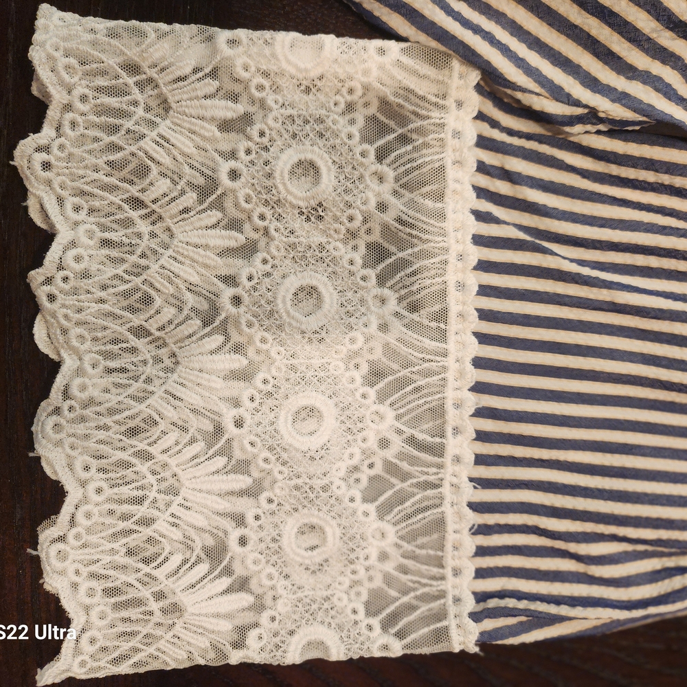 Zara Navy and Cream Striped Blouse with Lace Detail